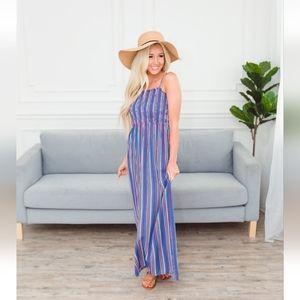 Stripe Pucker Smocked Waist Ted/White/Blue Maxi Dress Size Large (8/10)